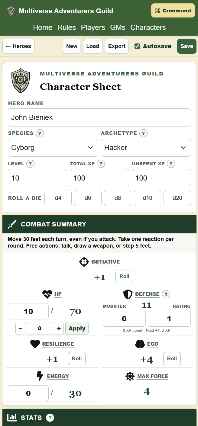 Multiverse character sheet with character details and dice controls on mobile