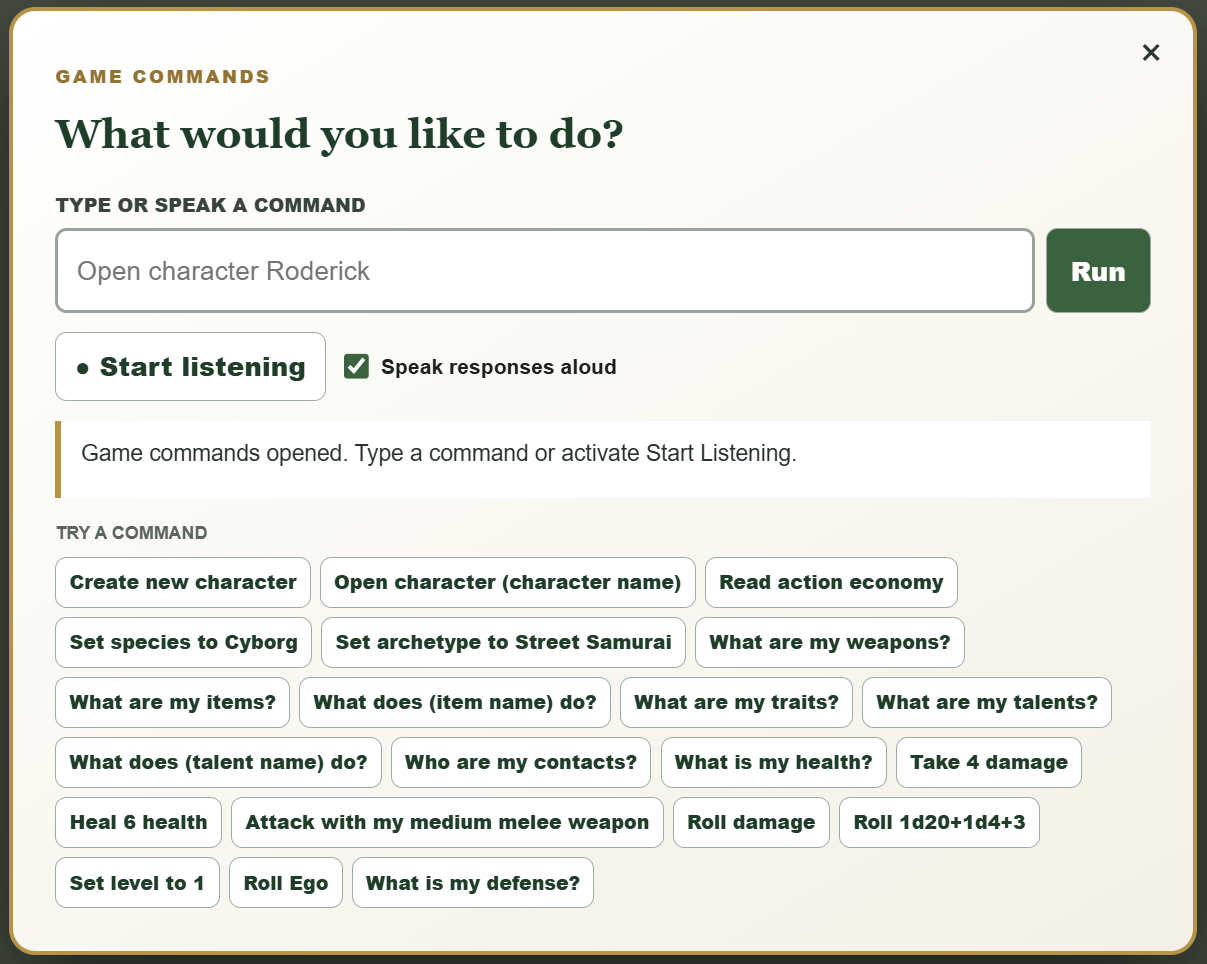 Multiverse command window with typed commands, listening controls, and spoken responses.