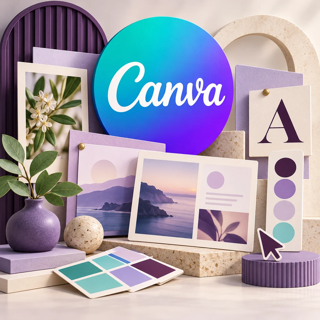 Canva wordmark with layered design boards, color swatches, and typography tools.