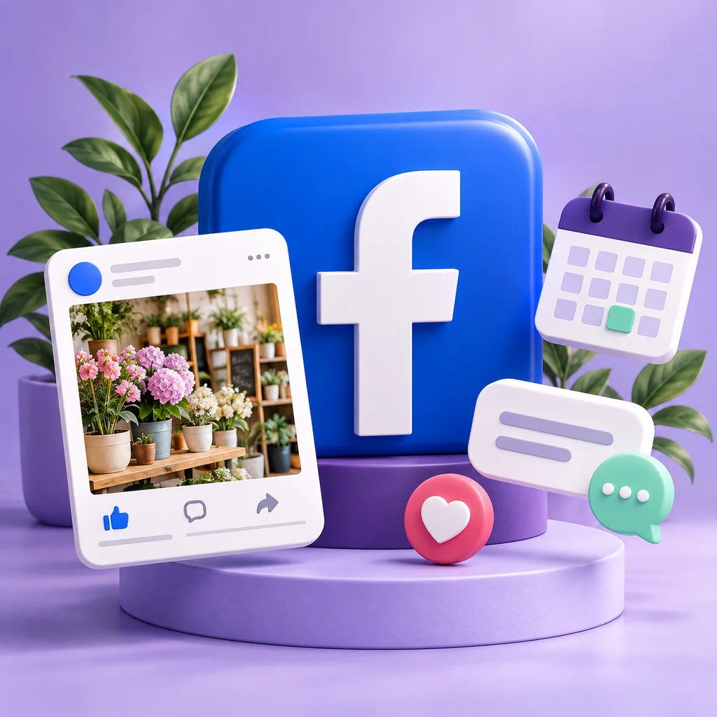 Facebook icon surrounded by a social post, calendar, and message illustrations.