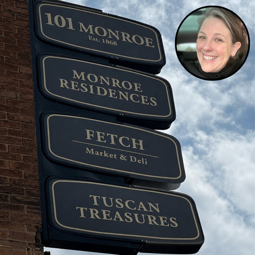 Fetch Market sign and Chef Gretchen in an early business announcement