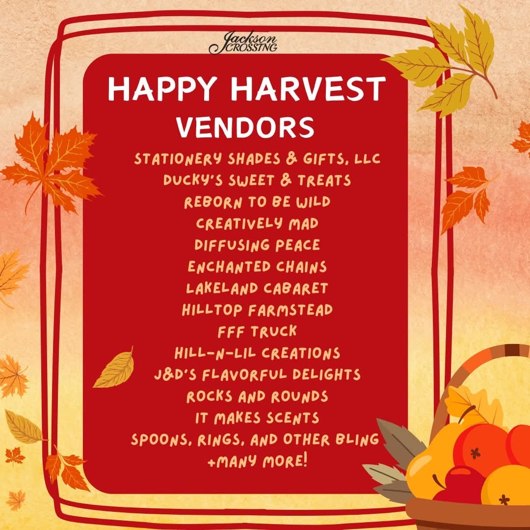 Happy Harvest vendor announcement with autumn leaves