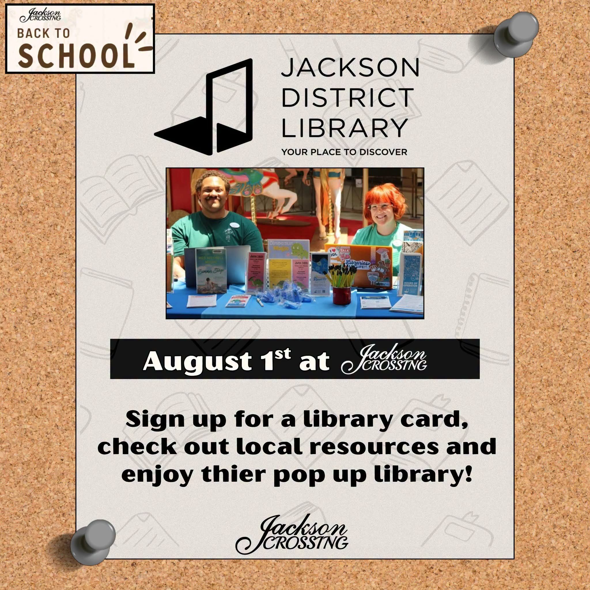 Back to School Bash advertisement: Jackson District Library pop-up